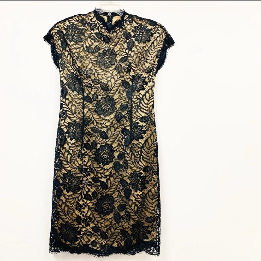 Vintage Geoffrey Beene Size 8 Lace Over Nude Silk Cocktail Sheath Dress